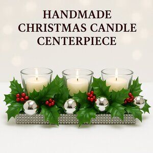 Christmas Holly & Silver Ornament Triple Candle Holder Centerpiece